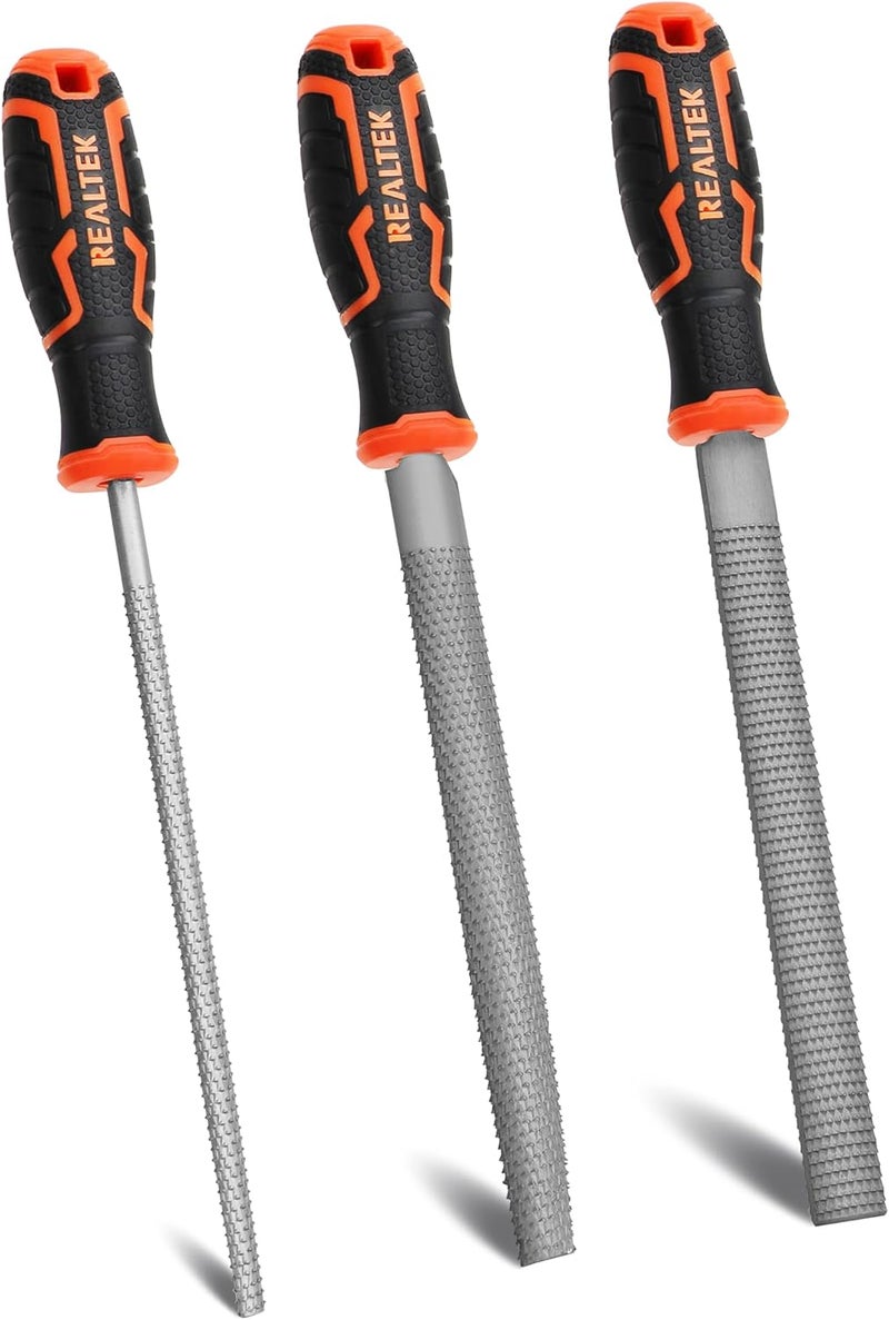 REALTEK 3-Piece 12" Wood Rasp File Set with 4" Longer Rubber Grip, T12 High Carbon Wood File Set for Woodworking, Flat/Half Round/Round Perfect Files for Wood Manual Cutting and Sharping - Image 1